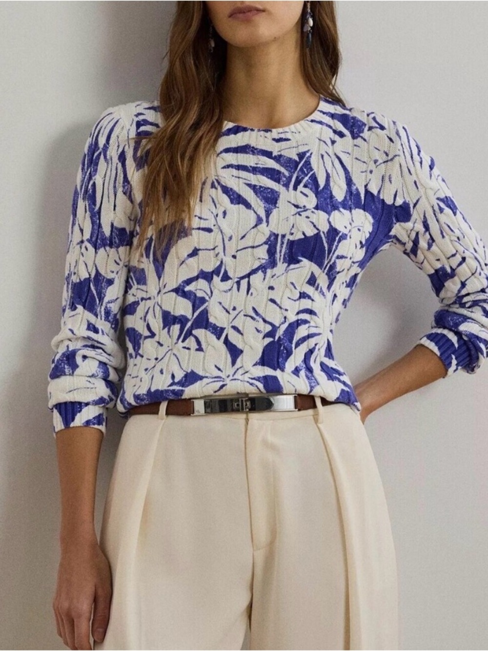 NEW Lauren Ralph Lauren Blue/White Floral Knit Cotton Pullover Sweater Women’s M